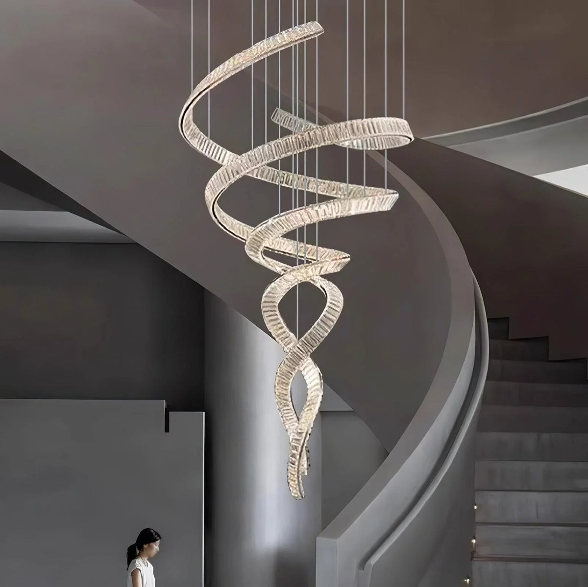 Long Spiral Crystal Chandelier – Modern Cascading Crystal Ceiling Light for Staircase & Foyer, Clear
