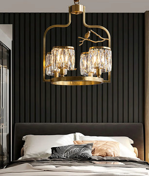 Crystal Bird Chandelier – Modern Brass & Crystal Ceiling Light for Dining Room, 4–6 Lights