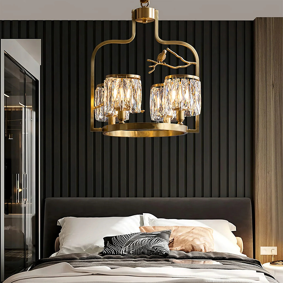 Crystal Bird Chandelier – Modern Brass & Crystal Ceiling Light for Dining Room, 4–6 Lights