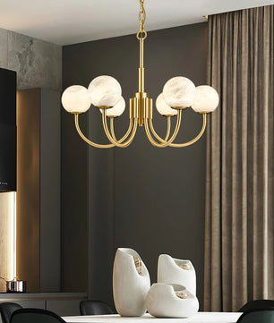 Brass & Alabaster Round Chandelier – Modern Ceiling Light for Dining Room & Foyer, 6–10 Lights
