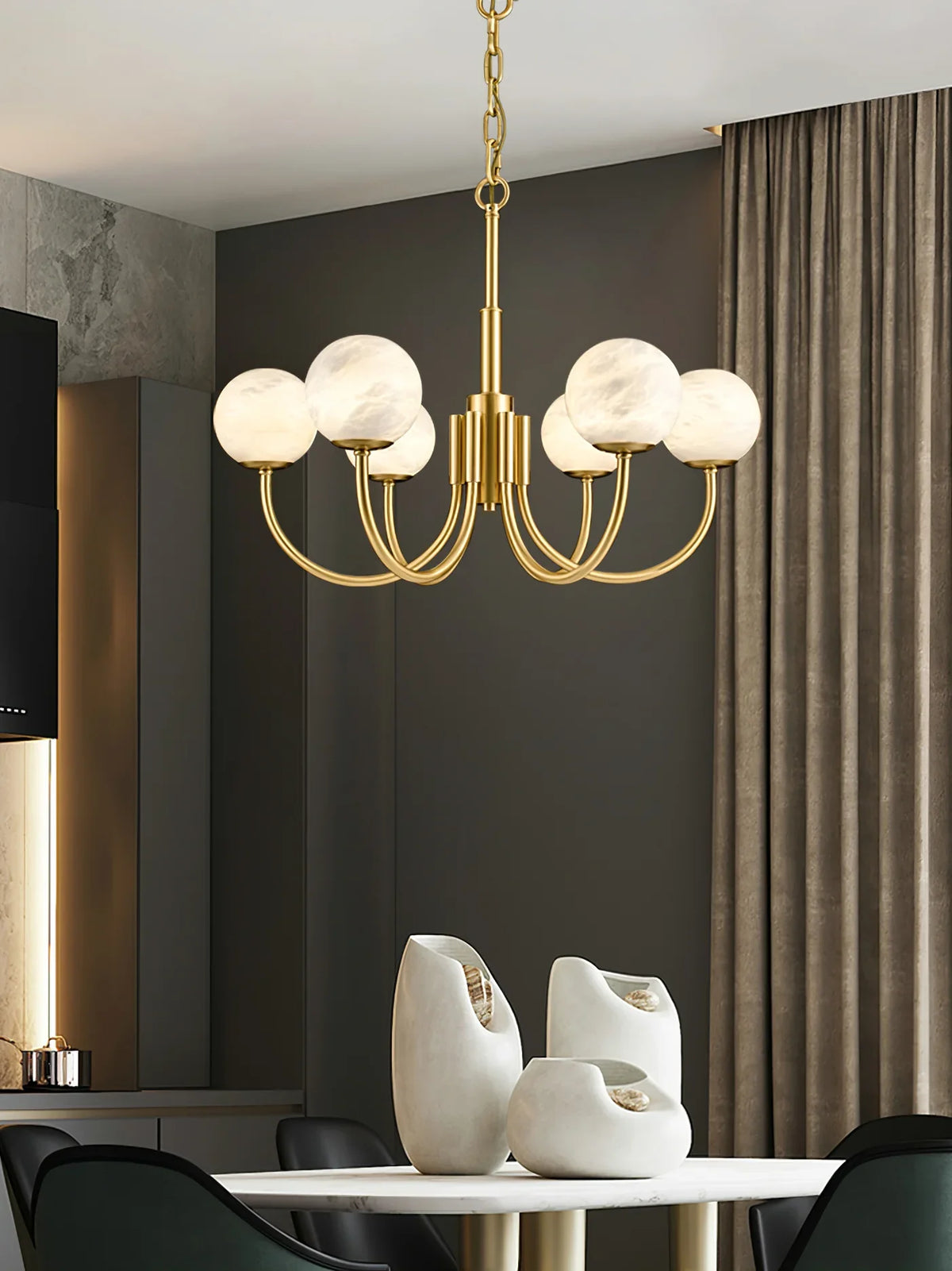Brass & Alabaster Round Chandelier – Modern Ceiling Light for Dining Room & Foyer, 6–10 Lights