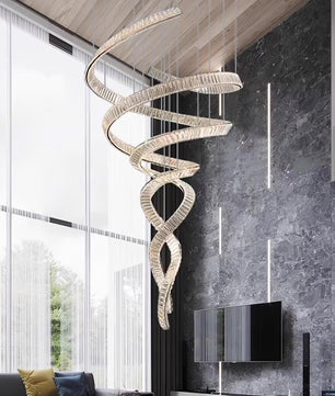 Long Spiral Crystal Chandelier – Modern Cascading Crystal Ceiling Light for Staircase & Foyer, Clear