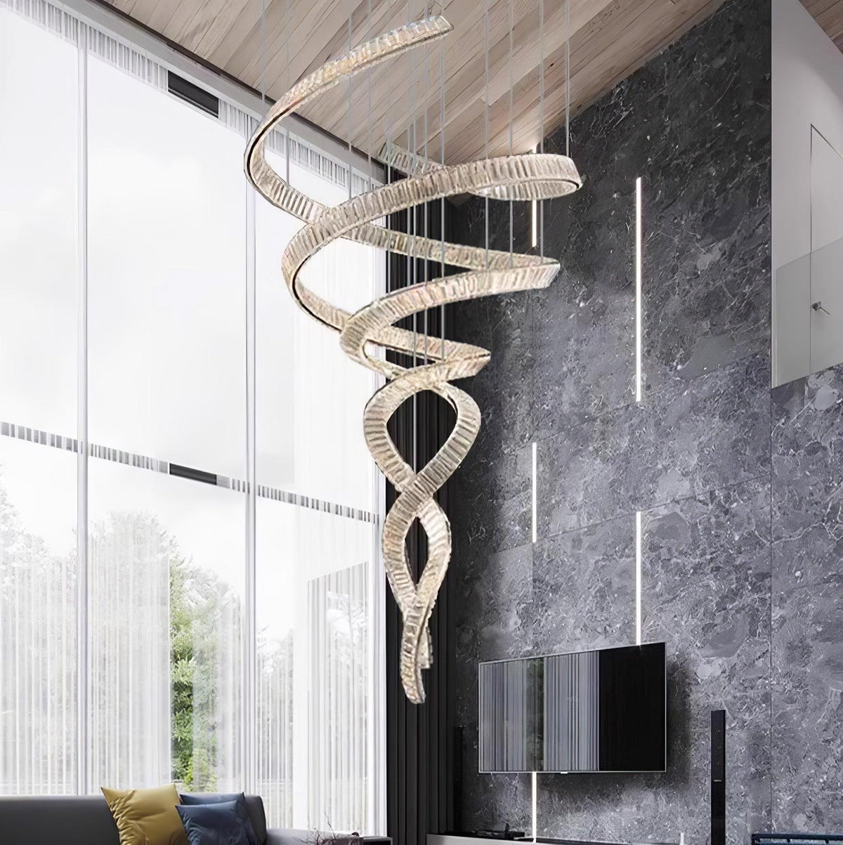 Long Spiral Crystal Chandelier – Modern Cascading Crystal Ceiling Light for Staircase & Foyer, Clear