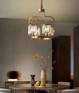 Crystal Bird Chandelier – Modern Brass & Crystal Ceiling Light for Dining Room, 4–6 Lights