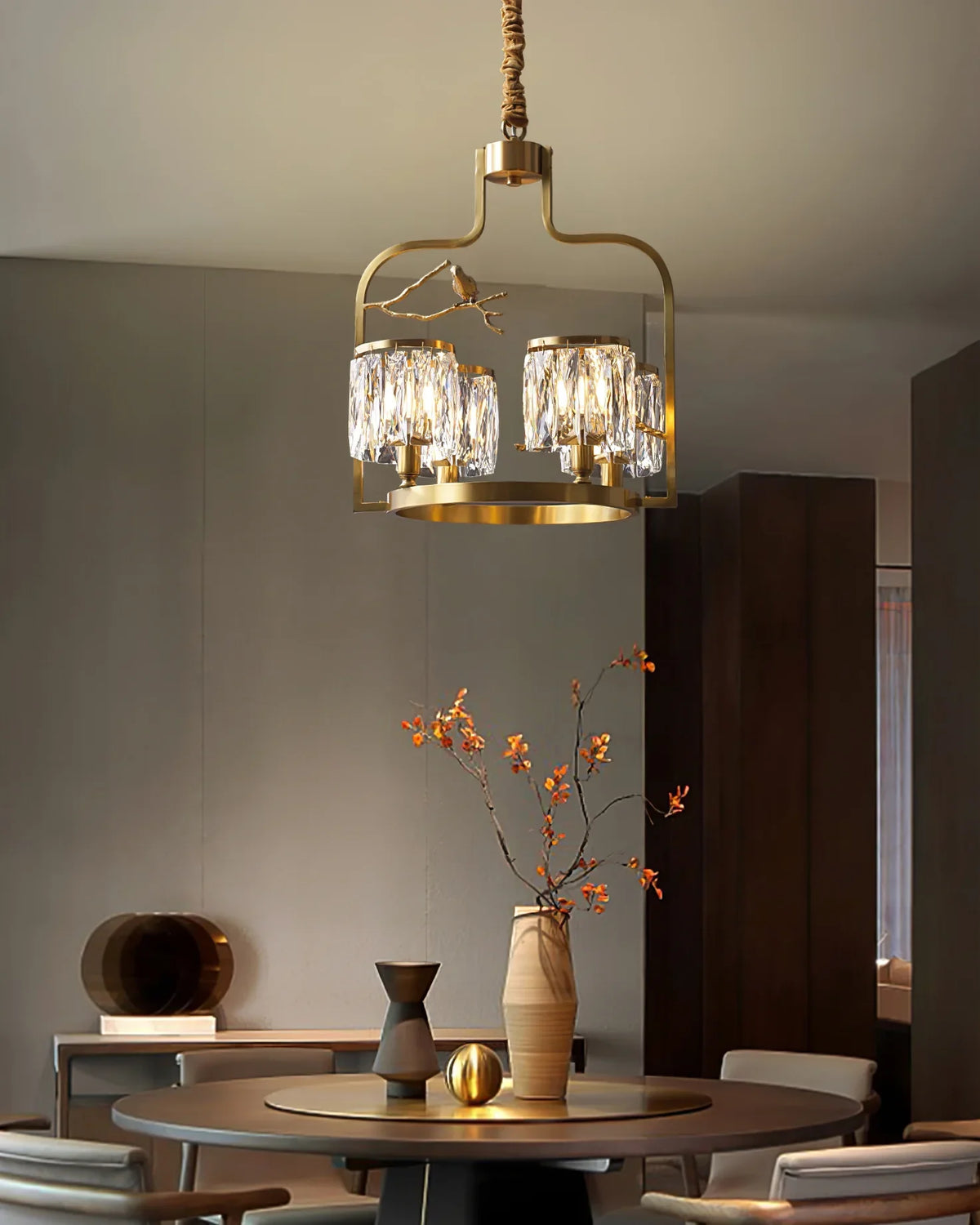 Crystal Bird Chandelier – Modern Brass & Crystal Ceiling Light for Dining Room, 4–6 Lights
