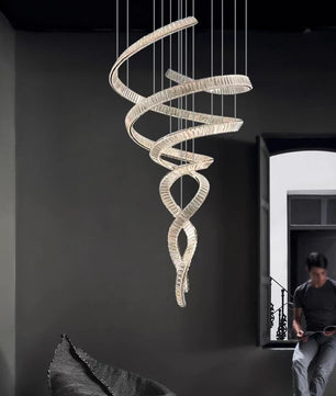 Long Spiral Crystal Chandelier – Modern Cascading Crystal Ceiling Light for Staircase & Foyer, Clear
