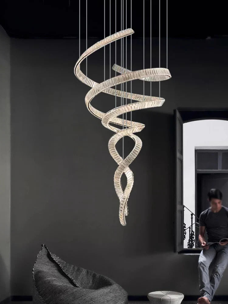 Long Spiral Crystal Chandelier – Modern Cascading Crystal Ceiling Light for Staircase & Foyer, Clear
