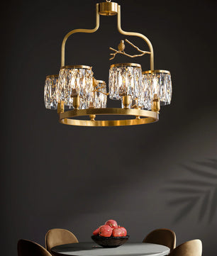 Crystal Bird Chandelier – Modern Brass & Crystal Ceiling Light for Dining Room, 4–6 Lights