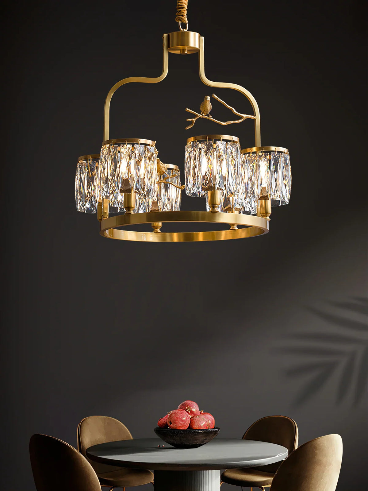 Crystal Bird Chandelier – Modern Brass & Crystal Ceiling Light for Dining Room, 4–6 Lights