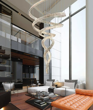 Long Spiral Crystal Chandelier – Modern Cascading Crystal Ceiling Light for Staircase & Foyer, Clear