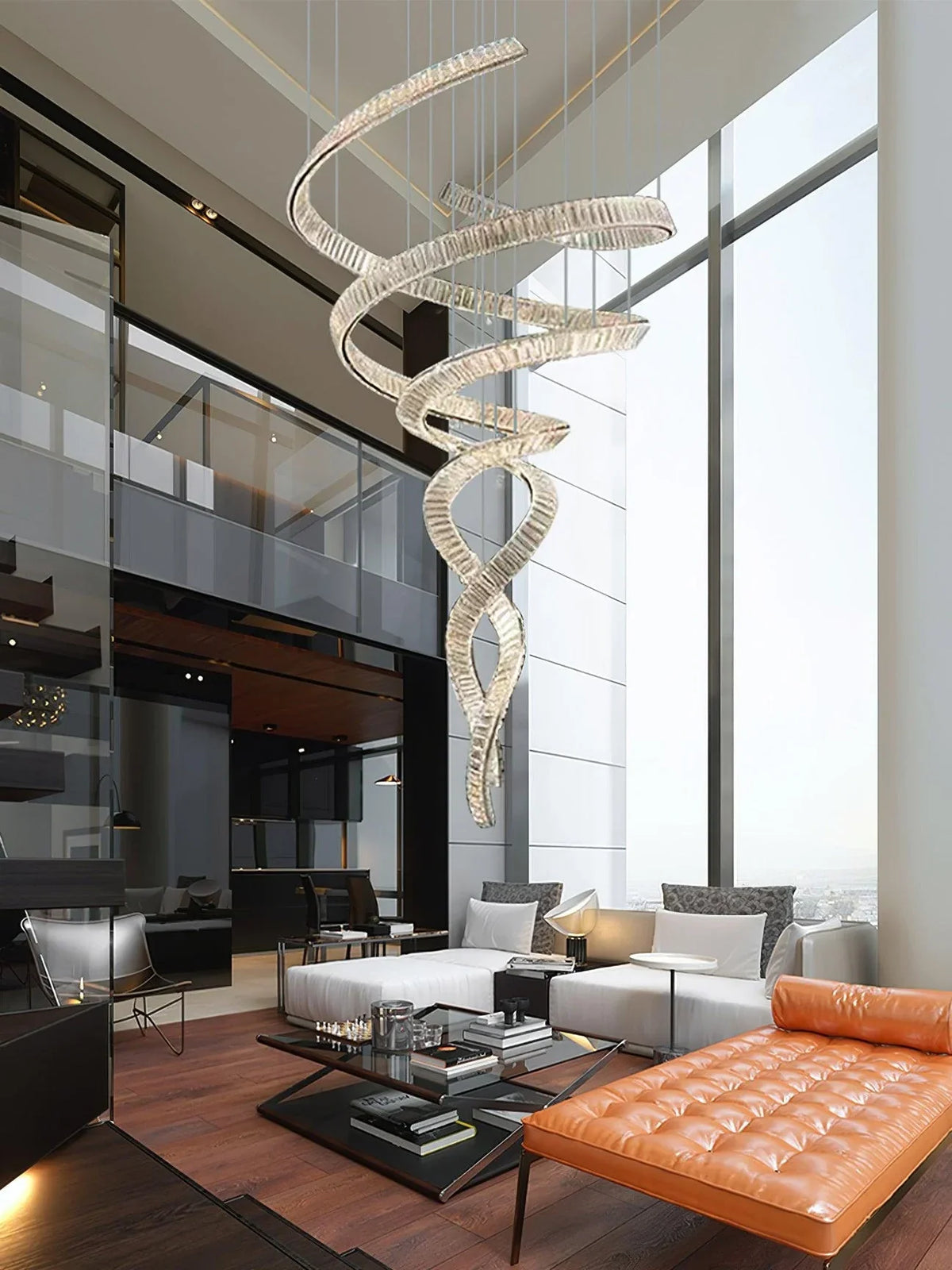 Long Spiral Crystal Chandelier – Modern Cascading Crystal Ceiling Light for Staircase & Foyer, Clear