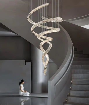 Long Spiral Crystal Chandelier – Modern Cascading Crystal Ceiling Light for Staircase & Foyer, Clear