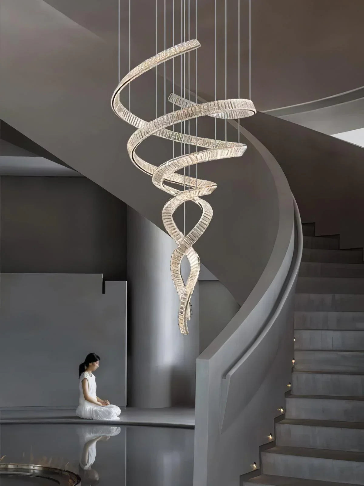 Long Spiral Crystal Chandelier – Modern Cascading Crystal Ceiling Light for Staircase & Foyer, Clear