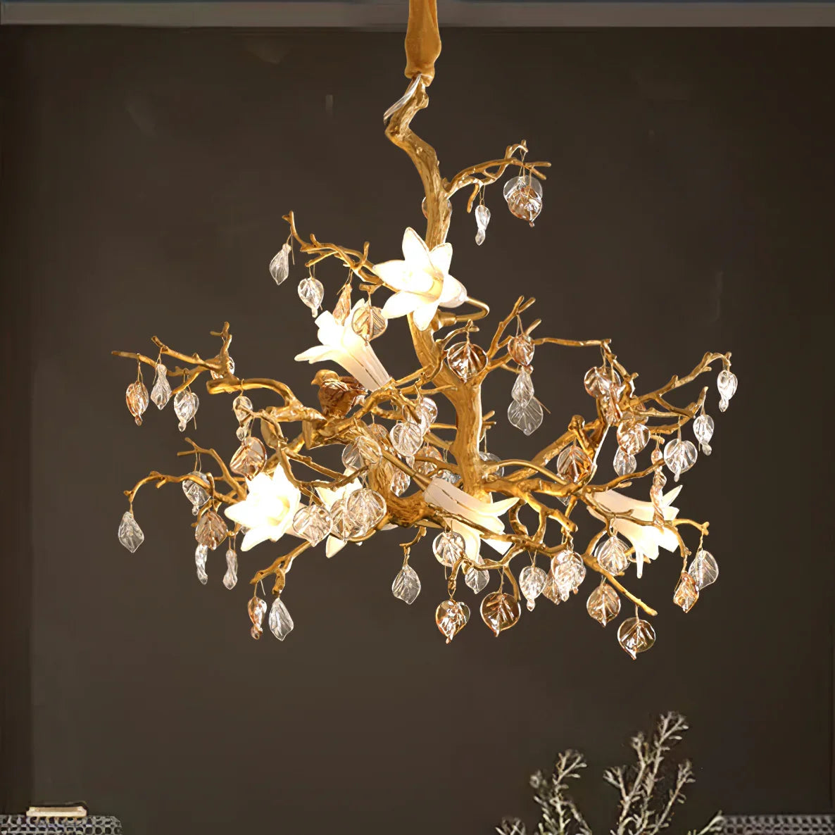 Fiori Chandelier – Modern Brass Floral Ceiling Light for Dining Room & Living Room
