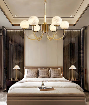Brass & Alabaster Round Chandelier – Modern Ceiling Light for Dining Room & Foyer, 6–10 Lights