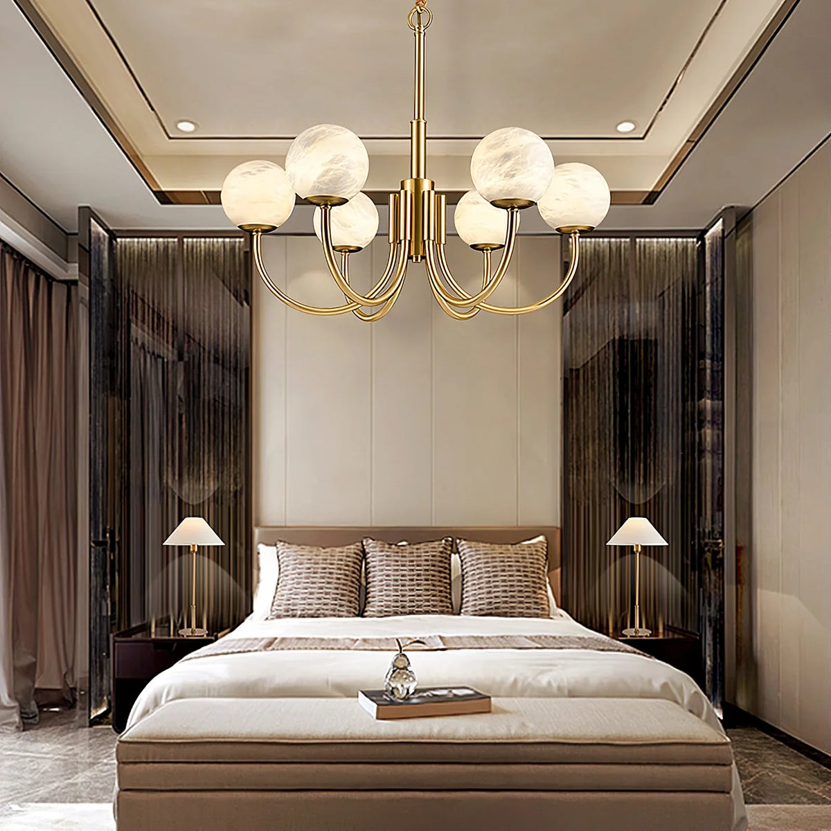 Brass & Alabaster Round Chandelier – Modern Ceiling Light for Dining Room & Foyer, 6–10 Lights