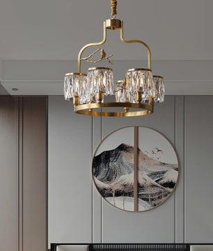 Crystal Bird Chandelier – Modern Brass & Crystal Ceiling Light for Dining Room, 4–6 Lights