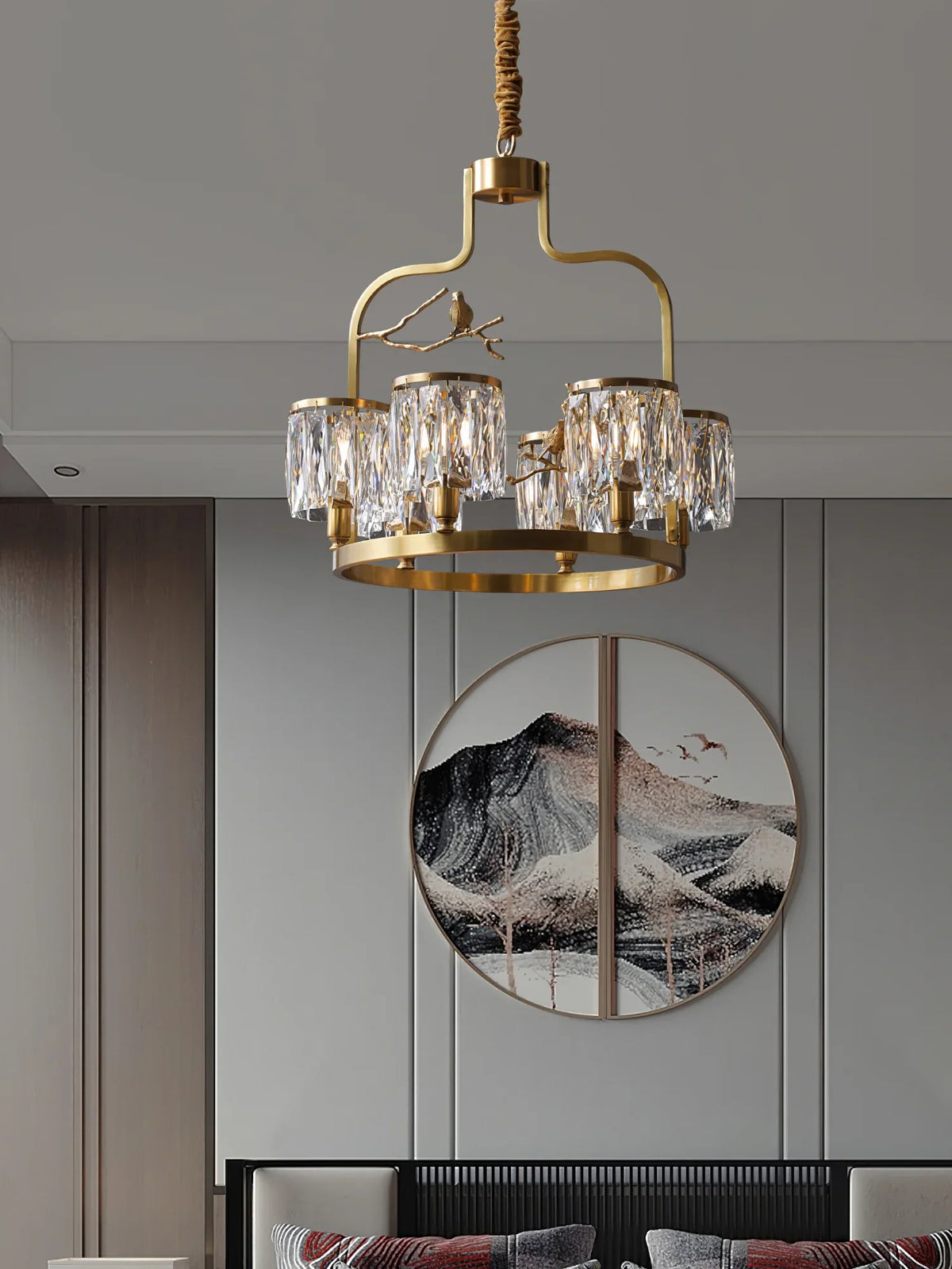 Crystal Bird Chandelier – Modern Brass & Crystal Ceiling Light for Dining Room, 4–6 Lights