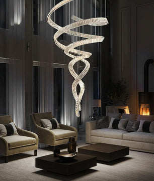 Long Spiral Crystal Chandelier – Modern Cascading Crystal Ceiling Light for Staircase & Foyer, Clear