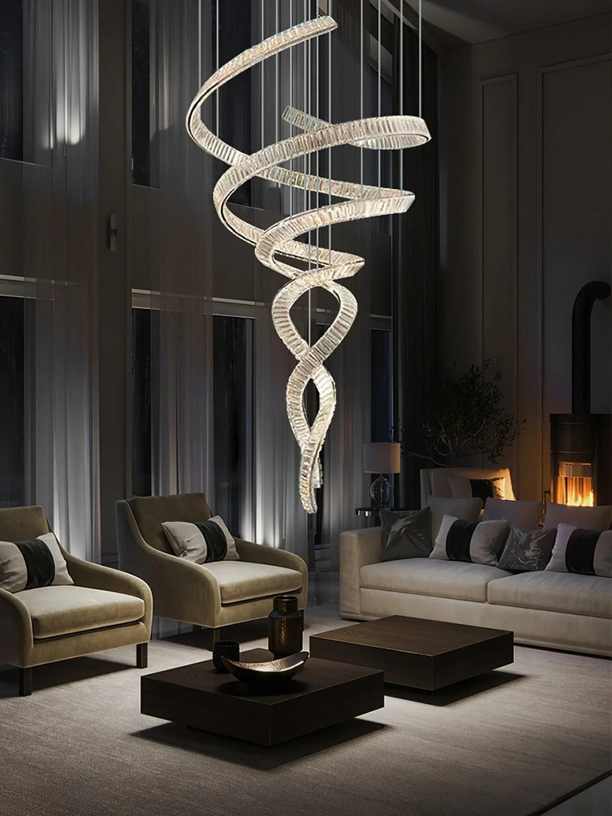 Long Spiral Crystal Chandelier – Modern Cascading Crystal Ceiling Light for Staircase & Foyer, Clear