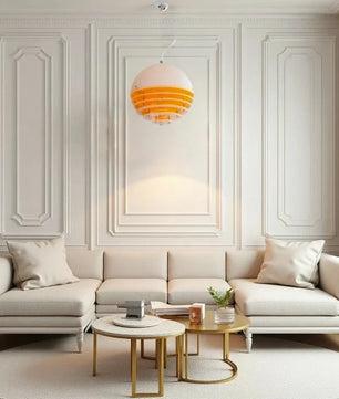 Sunset Bauhaus Pendant Light – Modern Glass & Acrylic Globe Ceiling Light for Living Room, Bedroom & Dining, Orange & White