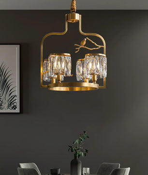 Crystal Bird Chandelier – Modern Brass & Crystal Ceiling Light for Dining Room, 4–6 Lights