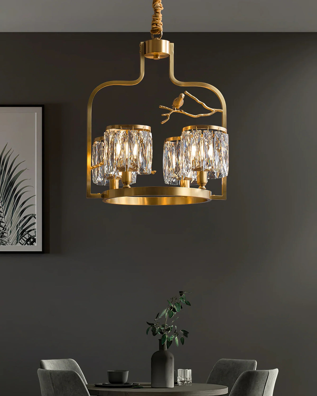 Crystal Bird Chandelier – Modern Brass & Crystal Ceiling Light for Dining Room, 4–6 Lights