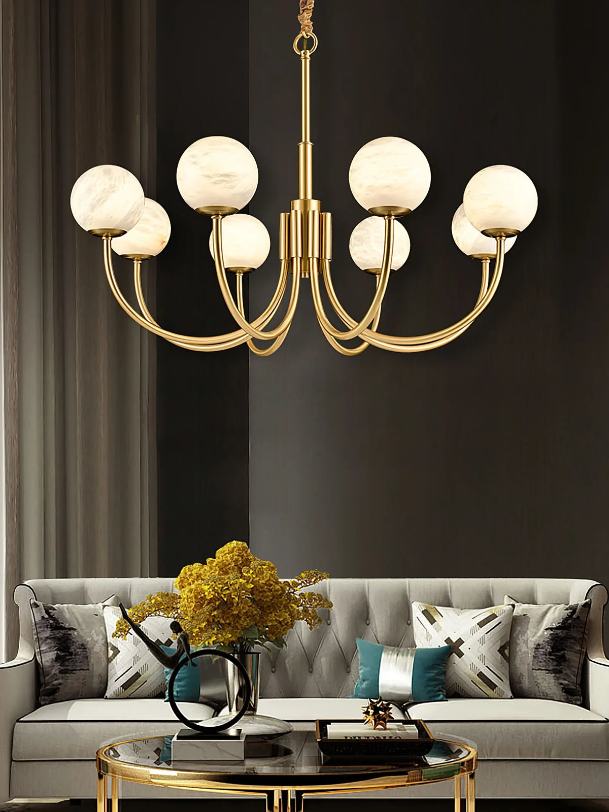 Brass & Alabaster Round Chandelier – Modern Ceiling Light for Dining Room & Foyer, 6–10 Lights