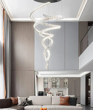 Long Spiral Crystal Chandelier – Modern Cascading Crystal Ceiling Light for Staircase & Foyer, Clear