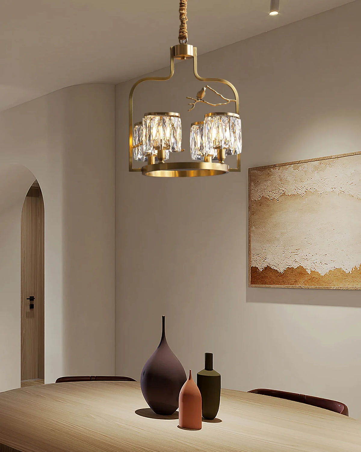 Crystal Bird Chandelier – Modern Brass & Crystal Ceiling Light for Dining Room, 4–6 Lights