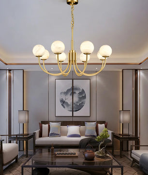 Brass & Alabaster Round Chandelier – Modern Ceiling Light for Dining Room & Foyer, 6–10 Lights