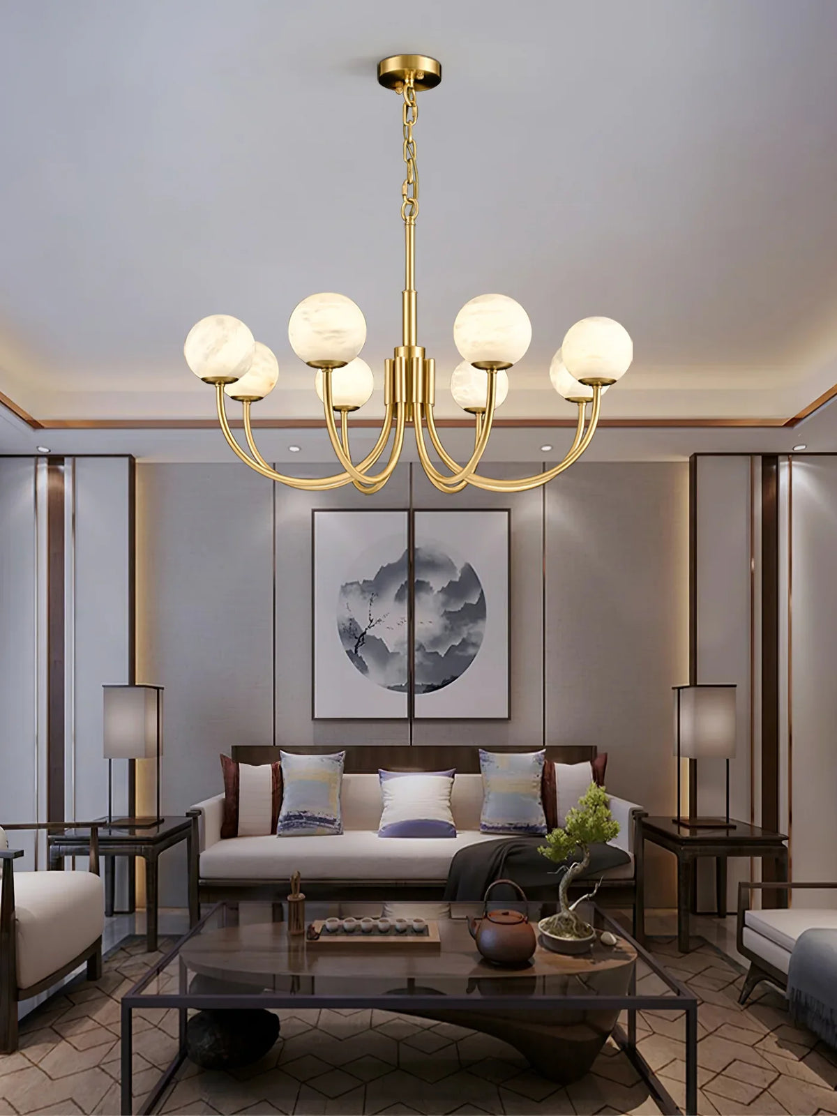 Brass & Alabaster Round Chandelier – Modern Ceiling Light for Dining Room & Foyer, 6–10 Lights